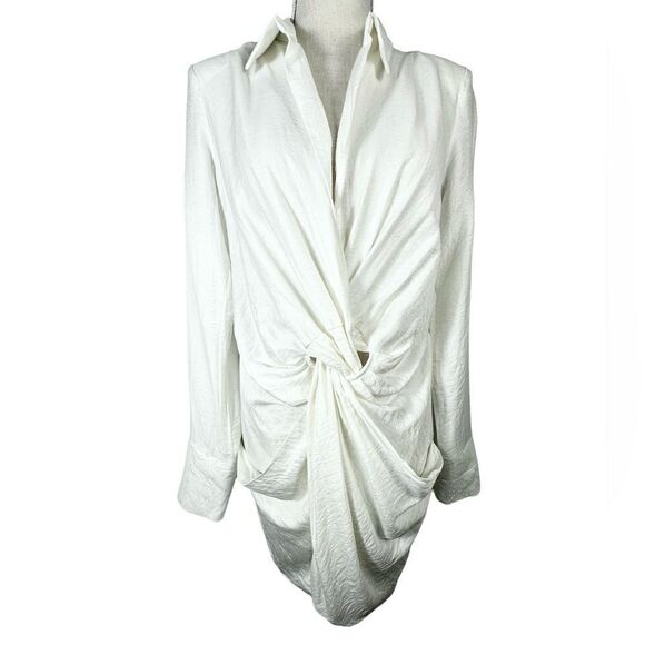 Endless Rose Structured White Shimmer Plunge Neck Knotted Detail Shirt Dress - Picture 2 of 9